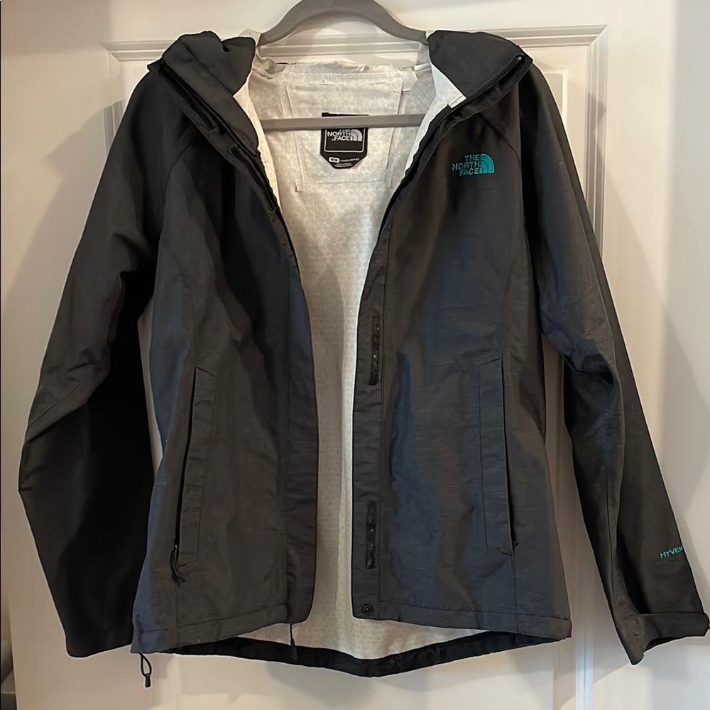 The North Face Gray Rain Jacket with Teal Logo